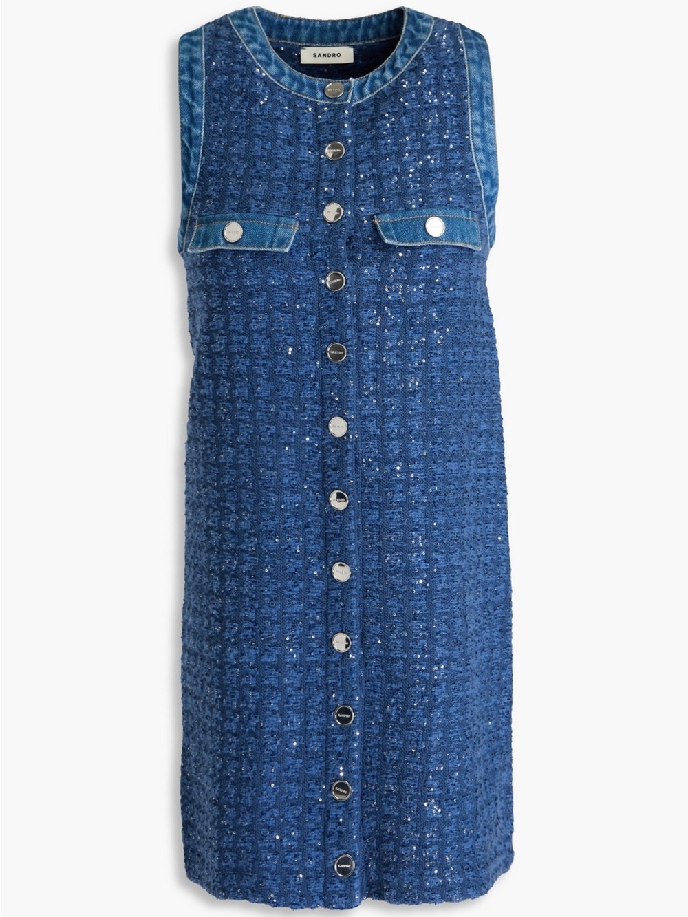 Sandro Navy Blue Tweed Sleeveless Button-Front Midi Dress